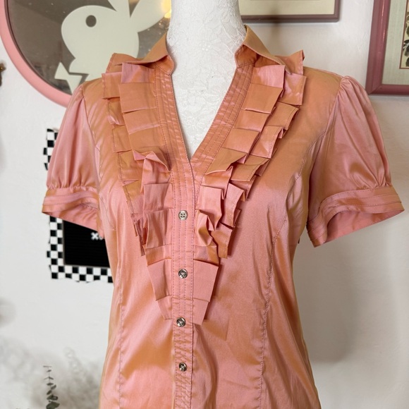 Express Blush Ruffle Button-Up Blouse - Picture 2 of 4